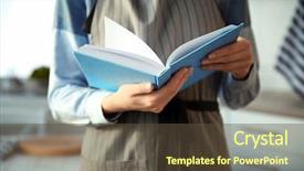 Presentation with recipe book - Presentation design consisting of food recipe - woman wearing apron and reading background and a tawny brown colored foreground