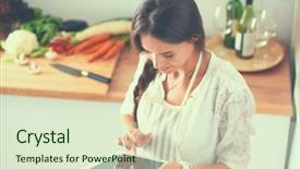  Presentation with computer cartography - Amazing slide deck having food recipe - young woman using a tablet backdrop and a  colored foreground