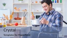  Presentation with soup - Presentation theme with food recovery - disabled man preparing soup background and a ocean colored foreground