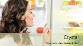  Presentation with fridge - Colorful theme enhanced with food refrigerator - hungry girl opens the fridge backdrop and a soft green colored foreground