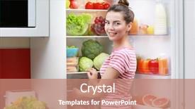  Presentation with refrigerator - Slides featuring food refrigerator - young woman standing beside fridge background and a coral colored foreground