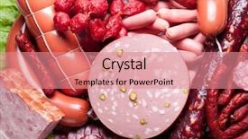  Presentation with meat food - Slides consisting of food salami - meat and sausages on lettuce background and a  colored foreground