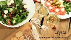  Presentation with white differene - Slide deck enhanced with food salami - white wine and different snacks background and a yellow colored foreground