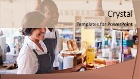  Presentation with customers - Audience pleasing theme consisting of deli - staff serving customers at delicatessen backdrop and a coral colored foreground