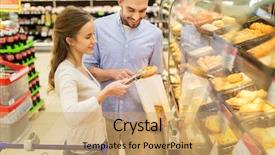  Presentation with supermarket shopping cart buying food - Colorful presentation design enhanced with food sale consumerism and people backdrop and a coral colored foreground