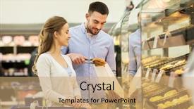  Presentation with supermarket shopping cart buying food - Presentation theme enhanced with food sale consumerism and people background and a coral colored foreground