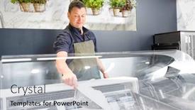  Presentation with food ice - Slide set having food sale small business and people concept - male seller with scoop adding ice to fridge at grocery store background and a light gray colored foreground