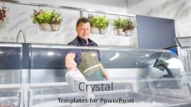  Presentation with food ice - Presentation design with food sale small business and people concept - male seller with scoop adding ice to fridge at grocery store background and a light gray colored foreground