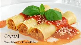  Presentation with meat food - Theme with food sauce - cannelloni with meat and fresh background and a yellow colored foreground