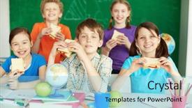  Presentation with cute - Audience pleasing PPT theme consisting of food school - portrait of cute schoolchildren backdrop and a light blue colored foreground