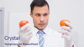  Presentation with food science - Slide set enhanced with food science - perplex scientist holding two tomatoes background and a sky blue colored foreground