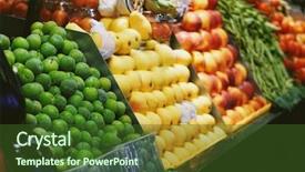  Presentation with fruits on a farm market - Beautiful theme featuring food service - assortment of fruits at market backdrop and a tawny brown colored foreground