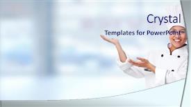  Presentation with banner blue - Slide deck with food service - beautiful chef woman over blue background and a sky blue colored foreground