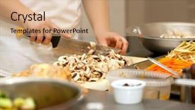  Presentation with food service - Audience pleasing slides consisting of food service - chef cutting the mushrooms backdrop and a coral colored foreground