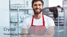  Presentation with cafe - Presentation featuring food service - handsome barista smiling background and a light blue colored foreground