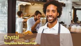  Presentation with coffee shop - Beautiful theme featuring food service - handsome waiter smiling at camera backdrop and a tawny brown colored foreground