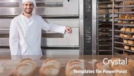  Presentation with professional - Amazing PPT layouts having food service - happy baker leaning on professional backdrop and a coral colored foreground