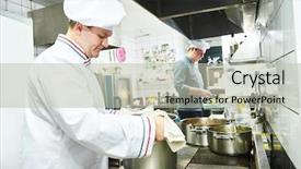  Presentation with food service - Slide set consisting of food service - male cooks chef in uniform background and a mint green colored foreground