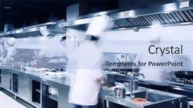  Presentation with hotel kitchen - Cool new slide deck with food service - modern hotel kitchen and busy backdrop and a light blue colored foreground