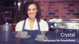  Presentation with two people holding hands - Presentation theme with food service - portrait of smiling barista holding background and a violet colored foreground