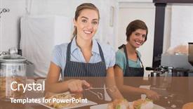  Presentation with mindfulness smile - Presentation theme featuring food service - pretty waitresses working background and a coral colored foreground