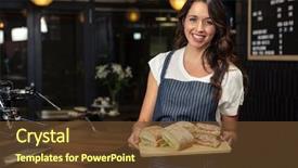  Presentation with food service - Presentation with food service - smiling barista holding plate background and a tawny brown colored foreground