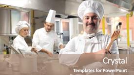  Presentation with food service - PPT layouts enhanced with food service - smiling cook with two other background and a coral colored foreground