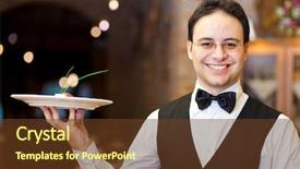  Presentation with food service - Audience pleasing presentation design consisting of food service - smiling waiter in an elegant backdrop and a tawny brown colored foreground