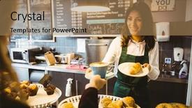 Presentation with waitress - PPT theme featuring food service - waitress serving a cup background and a coral colored foreground