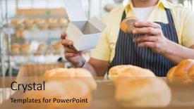  Presentation with apron - PPT layouts consisting of food service - worker in apron holding box background and a yellow colored foreground