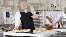  Presentation with waiter - Beautiful PPT layouts featuring food service - young waiter placing dishes backdrop and a mint green colored foreground