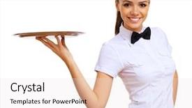  Presentation with waitress - Cool new PPT theme with food service - young waitress in a white backdrop and a sky blue colored foreground