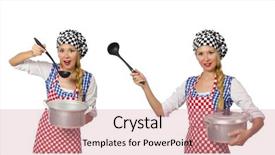  Presentation with white and black woman climbing ladders - PPT layouts featuring food services collage - woman cook isolated background and a coral colored foreground