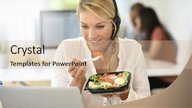  Presentation with customer service excellence - Cool new PPT theme with food services management - busy customer service manager eating backdrop and a  colored foreground