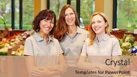  Presentation with supermarket - PPT theme featuring food services management - happy sales team in supermarket background and a coral colored foreground
