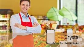  Presentation with supermarket - Presentation consisting of food services management - happy store manager in supermarket background and a yellow colored foreground
