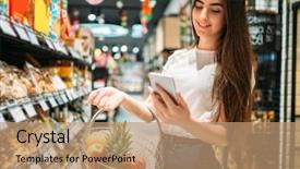  Presentation with phone - PPT theme with female customer uses mobile phone background and a coral colored foreground