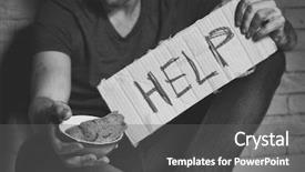  Presentation with food donations - Amazing slide set having food shortage - homeless poor man holding carton backdrop and a gray colored foreground
