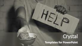  Presentation with food donations - Colorful theme enhanced with food shortage - homeless poor man holding carton backdrop and a gray colored foreground