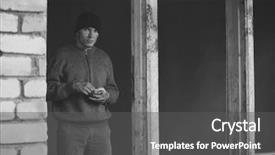  Presentation with homeless - Theme with food shortage - homeless poor man in derelict background and a dark gray colored foreground