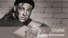  Presentation with hungry children poor - Beautiful slide deck featuring food shortage - hungry poor man with piece backdrop and a  colored foreground