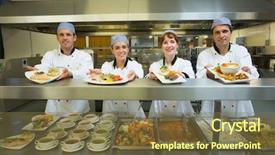  Presentation with modern food - Theme with food soup - four young chefs showing plates background and a tawny brown colored foreground