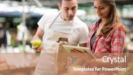  Presentation with understanding customer - Presentation theme featuring food stall - salesman and customer looking checking background and a coral colored foreground