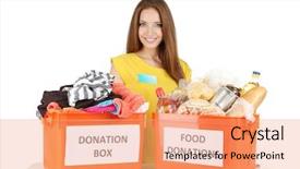  Presentation with food donation - Colorful presentation design enhanced with food storage - girl volunteer with donation box backdrop and a coral colored foreground