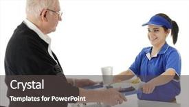  Presentation with senior worker - Slide deck featuring food styrofoam - happy teen worker happily serving background and a dark gray colored foreground