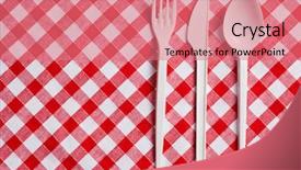  Presentation with cutlery food - Amazing PPT layouts having food styrofoam - plastic cutlery on checkered tablecloth backdrop and a coral colored foreground