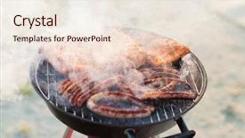  Presentation with food grill - Beautiful presentation theme featuring slim girl in tight sportswear streching up outdoors among green grass and blue sky summer nature full back view backdrop and a tawny brown colored foreground.