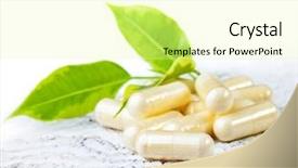  Presentation with flowers on white wooden - Beautiful presentation theme featuring food supplement - capsules on white wooden background backdrop and a blonde colored foreground