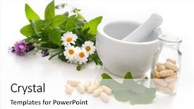  Presentation with alternative medicine - Slides enhanced with food supplement - healing herbs and amortar alternative background and a white colored foreground