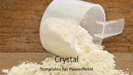  Presentation with whey protein - Slides with food supplement - plastic measuring scoop of white background and a lemonade colored foreground